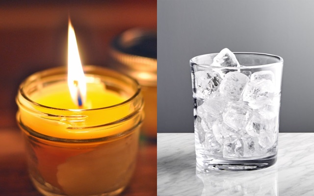 Candle and Ice A split image of a burning candle and a glass full of ice