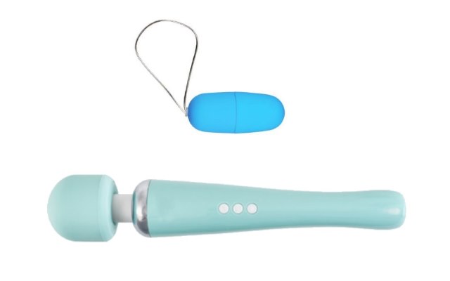 Egg vibrator vs. wand vibrator Small blue egg vibrator alongside a much larger blue wand vibrator