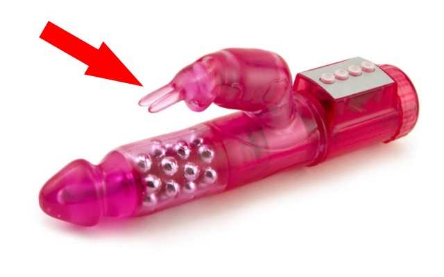 Pink rabbit vibrator rabbit ears Pink rabbit vibrator with red arrow pointing to the elevated rabbit ears