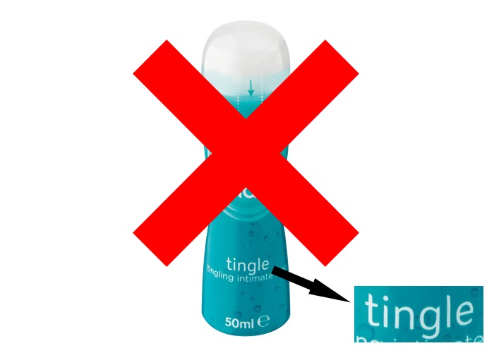 Tingling Sex Lube is Bad News Teal bottle of lube with big red X and zoom in of the word Tingle