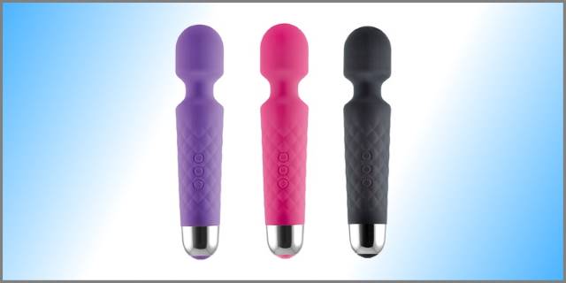 Typical Wand Vibrator Four wand vibrators of varying colors with blue-white gradient background